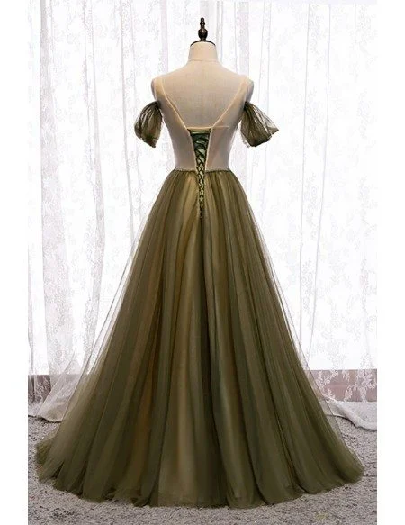 Pleated Dusty Green Tulle Formal Prom Dress with Beaded Waist