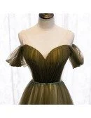 Pleated Dusty Green Tulle Formal Prom Dress with Beaded Waist