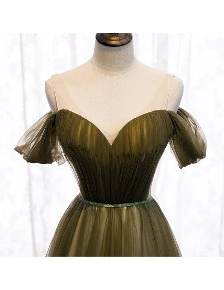 Pleated Dusty Green Tulle Formal Prom Dress with Beaded Waist
