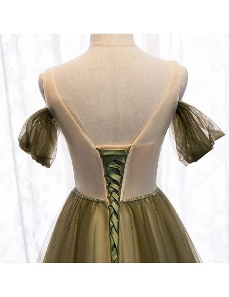 Pleated Dusty Green Tulle Formal Prom Dress with Beaded Waist