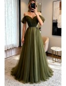 Pleated Dusty Green Tulle Formal Prom Dress with Beaded Waist