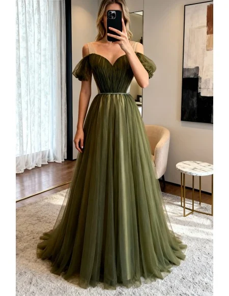 Pleated Dusty Green Tulle Formal Prom Dress with Beaded Waist