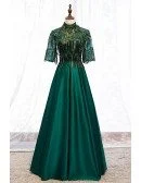 Elegant Formal Green Long Satin Evening Dress With Sequined Sleeves