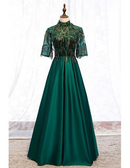 Elegant Formal Green Long Satin Evening Dress With Sequined Sleeves