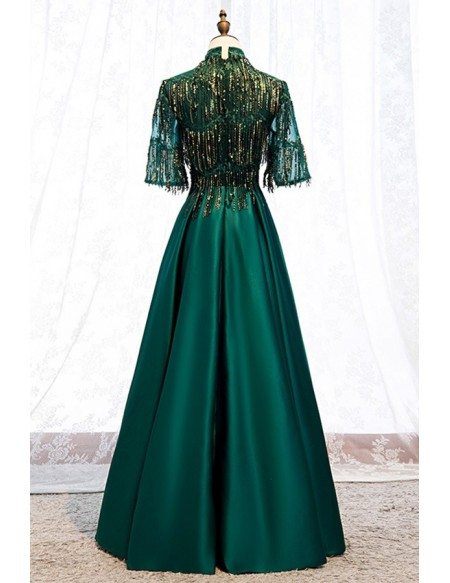 Elegant Formal Green Long Satin Evening Dress With Sequined Sleeves