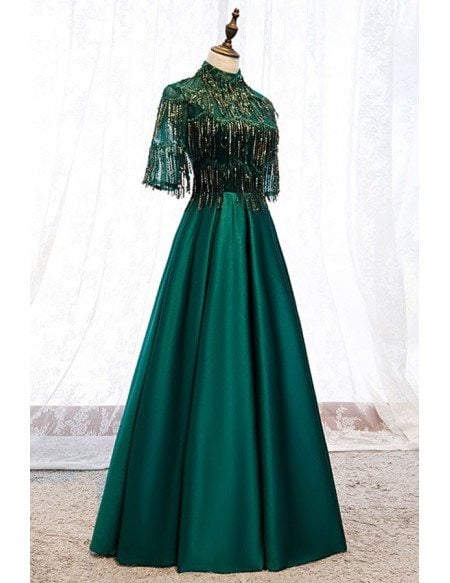 Elegant Formal Green Long Satin Evening Dress With Sequined Sleeves
