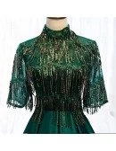 Elegant Formal Green Long Satin Evening Dress With Sequined Sleeves