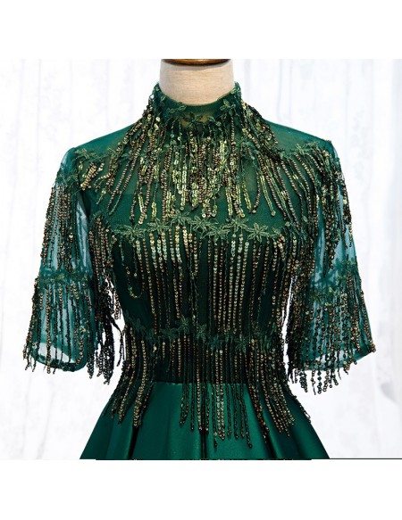 Elegant Formal Green Long Satin Evening Dress With Sequined Sleeves