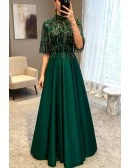 Elegant Formal Green Long Satin Evening Dress With Sequined Sleeves