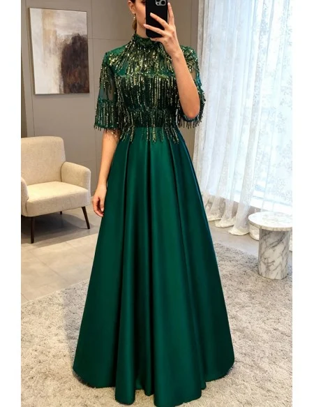 Elegant Formal Green Long Satin Evening Dress With Sequined Sleeves