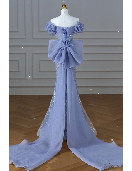 Stunning Big Bow Train Mermaid Sequined Prom Dress