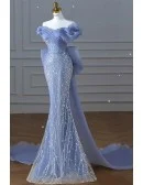 Stunning Big Bow Train Mermaid Sequined Prom Dress