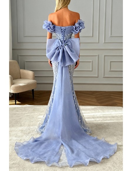 Stunning Big Bow Train Mermaid Sequined Prom Dress