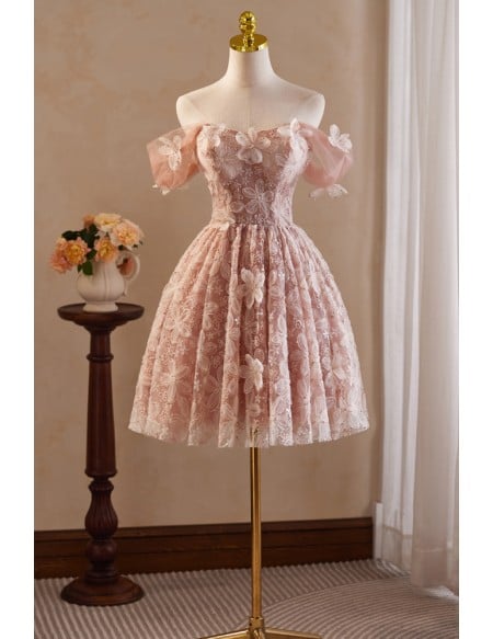 Beautiful 3d Flowers Pink Short Prom Dress For Parties