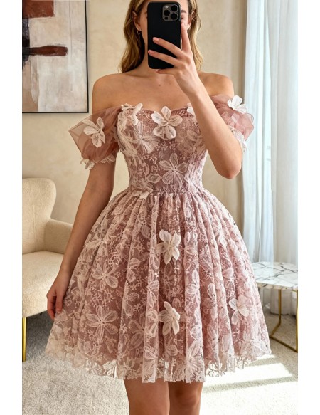 Beautiful 3d Flowers Pink Short Prom Dress For Parties
