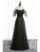 Dusty Green Flowy Long Tulle Prom Dress with Spaghetti Straps