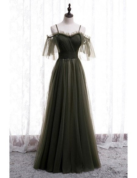 Dusty Green Flowy Long Tulle Prom Dress with Spaghetti Straps
