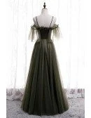 Dusty Green Flowy Long Tulle Prom Dress with Spaghetti Straps