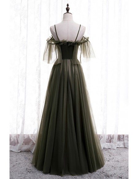 Dusty Green Flowy Long Tulle Prom Dress with Spaghetti Straps