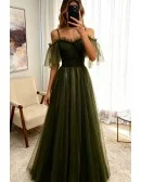 Dusty Green Flowy Long Tulle Prom Dress with Spaghetti Straps