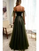 Dusty Green Flowy Long Tulle Prom Dress with Spaghetti Straps