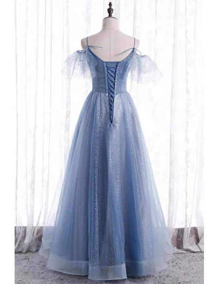 Fantasy Blue Bling Sequins Aline Prom Dress With Spaghetti Straps