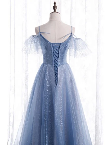 Fantasy Blue Bling Sequins Aline Prom Dress With Spaghetti Straps