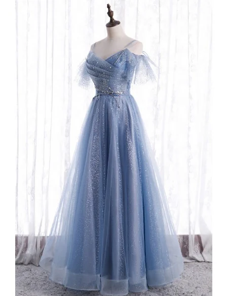 Fantasy Blue Bling Sequins Aline Prom Dress With Spaghetti Straps