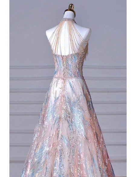 Unique Sequined Vneck Long Halter Prom Dress With Tassel Beadings