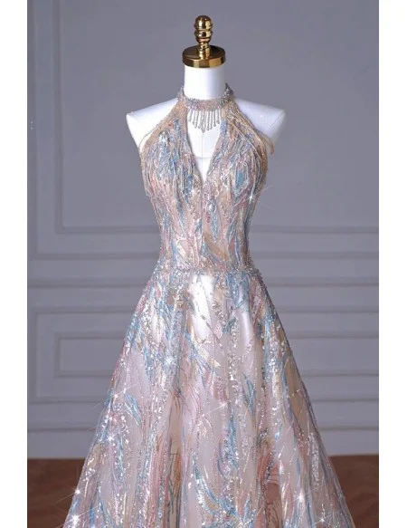 Unique Sequined Vneck Long Halter Prom Dress With Tassel Beadings