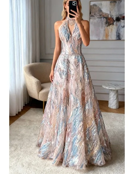 Unique Sequined Vneck Long Halter Prom Dress With Tassel Beadings