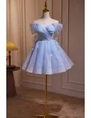 Sky Blue Off Shoulder Lace Tulle Short Prom Dress with Butterflies