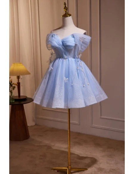 Sky Blue Off Shoulder Lace Tulle Short Prom Dress with Butterflies