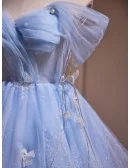 Sky Blue Off Shoulder Lace Tulle Short Prom Dress with Butterflies