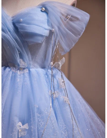 Sky Blue Off Shoulder Lace Tulle Short Prom Dress with Butterflies