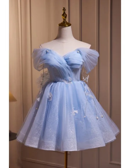 Sky Blue Off Shoulder Lace Tulle Short Prom Dress with Butterflies