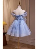 Sky Blue Off Shoulder Lace Tulle Short Prom Dress with Butterflies