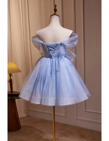 Sky Blue Off Shoulder Lace Tulle Short Prom Dress with Butterflies