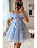 Sky Blue Off Shoulder Lace Tulle Short Prom Dress with Butterflies