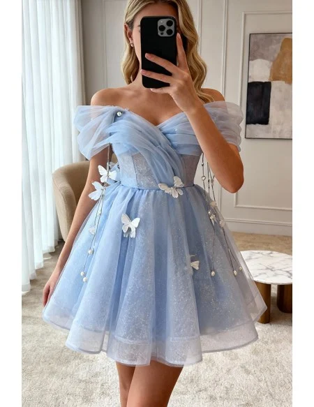 Sky Blue Off Shoulder Lace Tulle Short Prom Dress with Butterflies