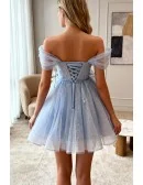 Sky Blue Off Shoulder Lace Tulle Short Prom Dress with Butterflies