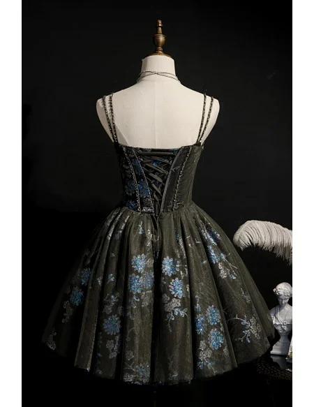 Gothic Dark Grey with Bling Sequins Short Tulle Homecoming Prom Dress with Corset Top
