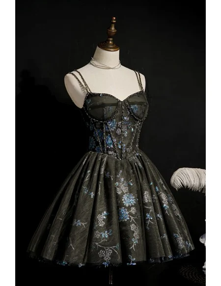 Gothic Dark Grey with Bling Sequins Short Tulle Homecoming Prom Dress with Corset Top