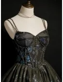 Gothic Dark Grey with Bling Sequins Short Tulle Homecoming Prom Dress with Corset Top
