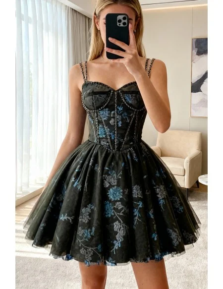 Gothic Dark Grey with Bling Sequins Short Tulle Homecoming Prom Dress with Corset Top