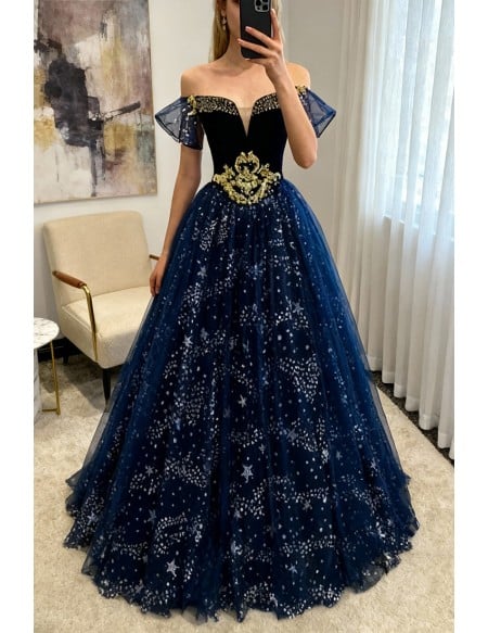 Fantasy Bling Stars Off Shoulder Ballgown Prom Dress