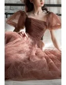 Brown Tulle Ballgown Polka Dot Prom Dress With Bubble Sleeves