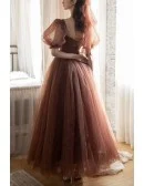 Brown Tulle Ballgown Polka Dot Prom Dress With Bubble Sleeves