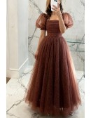 Brown Tulle Ballgown Polka Dot Prom Dress With Bubble Sleeves