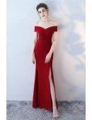 Burgundy Side Slit Mermaid Formal Dress Off Shoulder